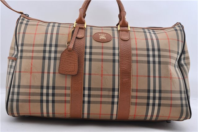 Authentic Burberrys Vintage Check Canvas Travel Boston Bag Brown Beige 9698C