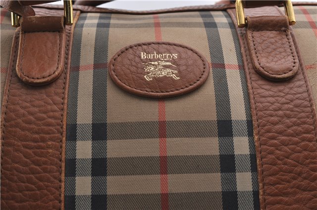 Authentic Burberrys Vintage Check Canvas Travel Boston Bag Brown Beige 9698C