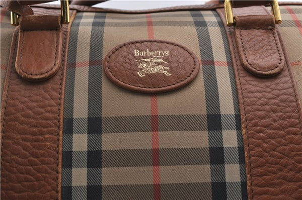 Authentic Burberrys Vintage Check Canvas Travel Boston Bag Brown Beige 9698C