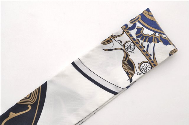 Authentic HERMES Twilly Scarf Silk Carriage Design Gray Navy Box 9698D