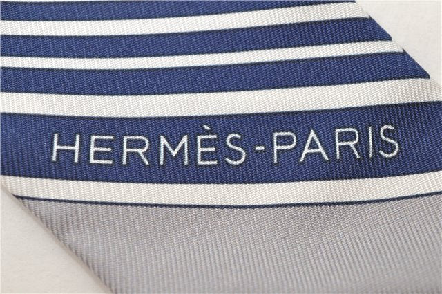 Authentic HERMES Twilly Scarf Silk Carriage Design Gray Navy Box 9698D