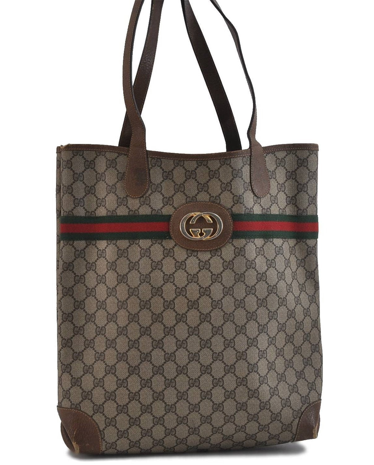 Authentic GUCCI Web Sherry Line Shoulder Tote Bag PVC Leather Brown 9708C