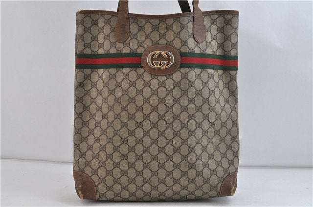 Authentic GUCCI Web Sherry Line Shoulder Tote Bag PVC Leather Brown 9708C