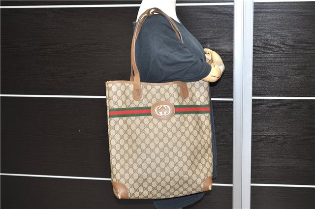 Authentic GUCCI Web Sherry Line Shoulder Tote Bag PVC Leather Brown 9708C