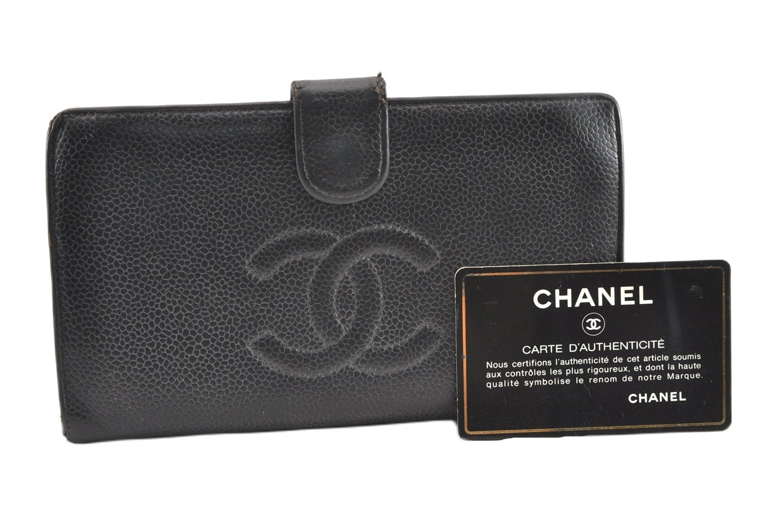 Authentic CHANEL Caviar Skin CC Logo Long Wallet Purse Black Junk 9714F