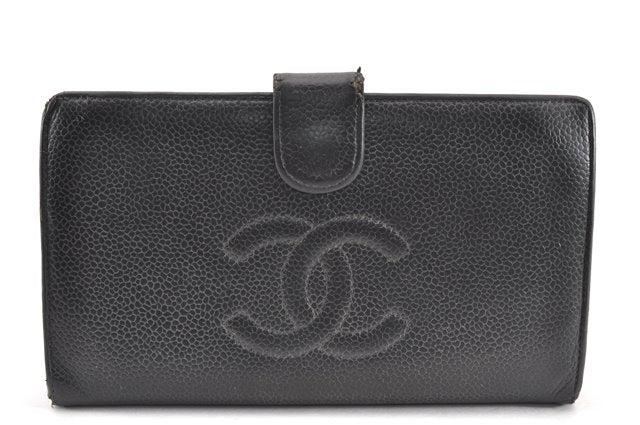 Authentic CHANEL Caviar Skin CC Logo Long Wallet Purse Black Junk 9714F