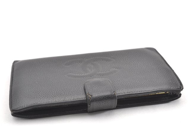 Authentic CHANEL Caviar Skin CC Logo Long Wallet Purse Black Junk 9714F