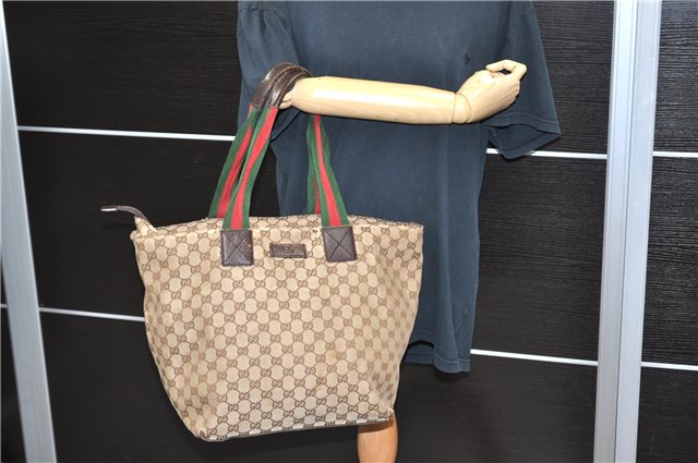 Authentic GUCCI Web Sherry Line Tote Bag GG Canvas Leather 131231 Brown 9719C