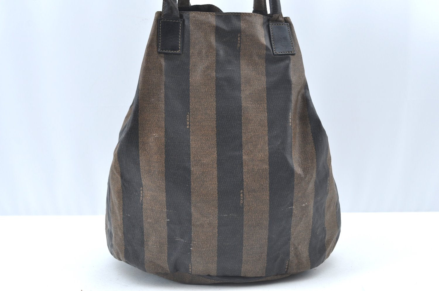 Authentic FENDI Vintage Pequin Hand Tote Bag Purse PVC Leather Brown Black 9720G
