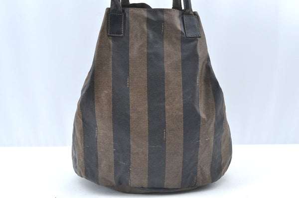 Authentic FENDI Vintage Pequin Hand Tote Bag Purse PVC Leather Brown Black 9720G