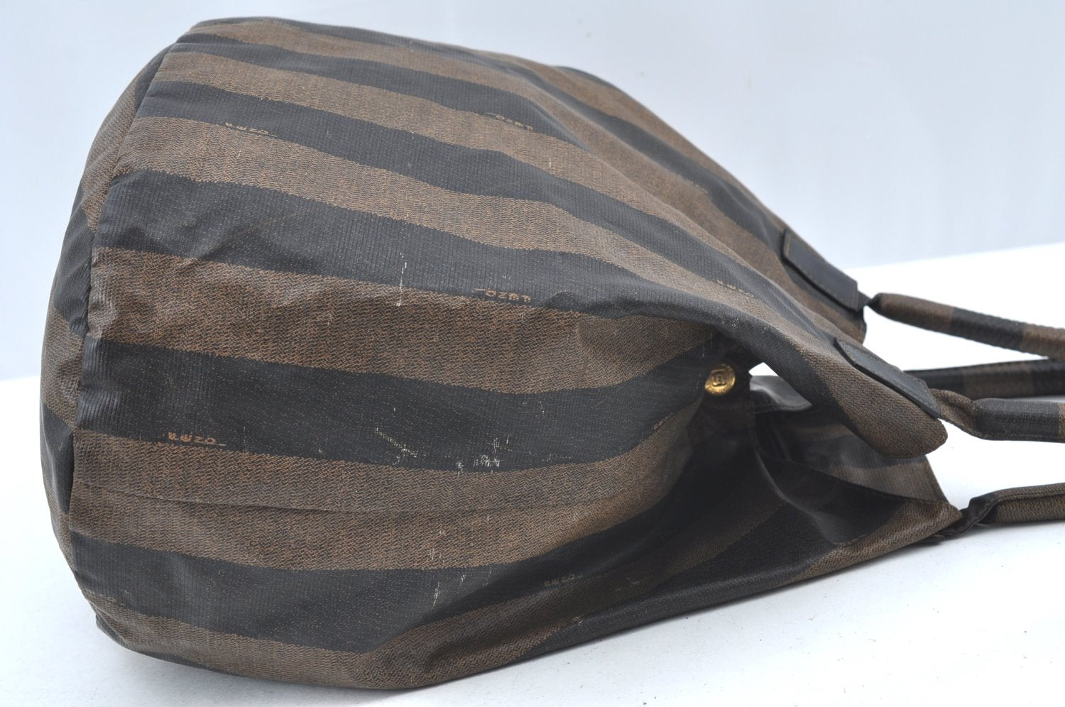 Authentic FENDI Vintage Pequin Hand Tote Bag Purse PVC Leather Brown Black 9720G