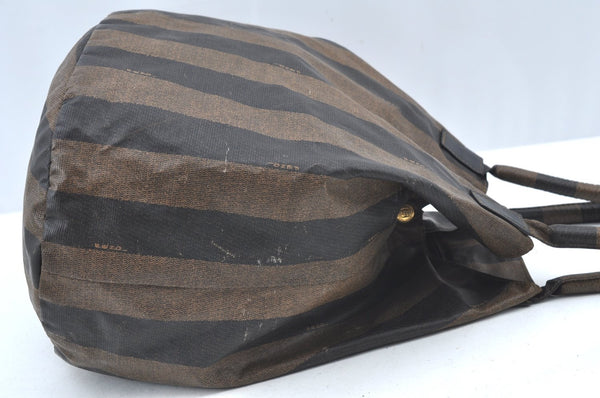 Authentic FENDI Vintage Pequin Hand Tote Bag Purse PVC Leather Brown Black 9720G