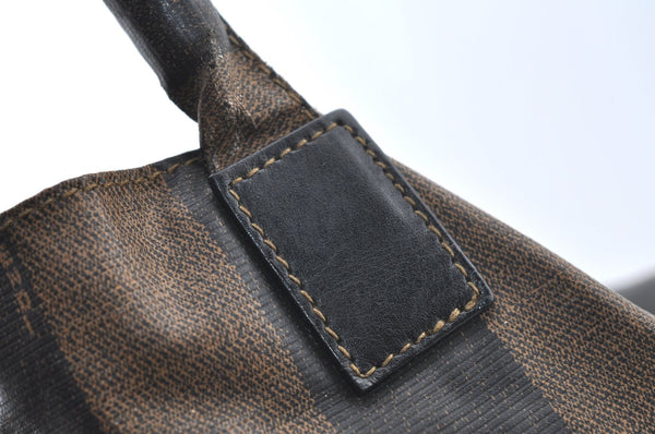 Authentic FENDI Vintage Pequin Hand Tote Bag Purse PVC Leather Brown Black 9720G