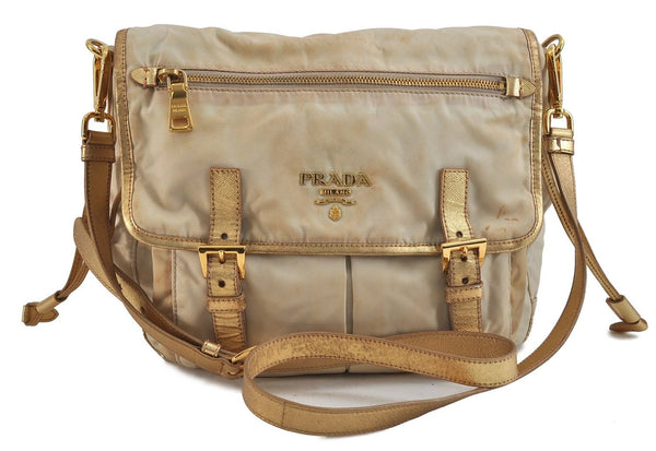 Authentic PRADA Nylon Leather Shoulder Cross Body Bag Purse Ivory Gold 9728C