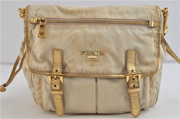 Authentic PRADA Nylon Leather Shoulder Cross Body Bag Purse Ivory Gold 9728C