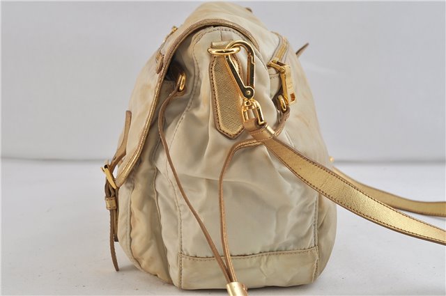 Authentic PRADA Nylon Leather Shoulder Cross Body Bag Purse Ivory Gold 9728C