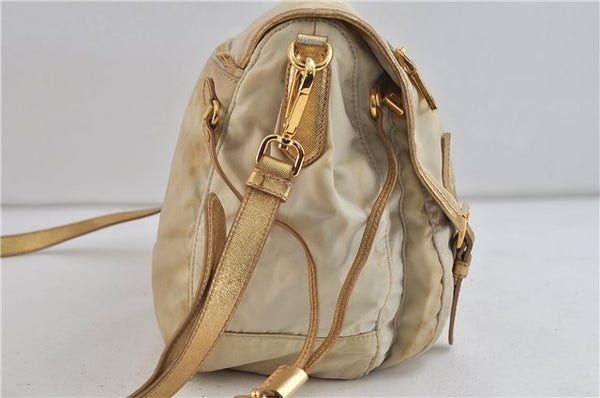 Authentic PRADA Nylon Leather Shoulder Cross Body Bag Purse Ivory Gold 9728C