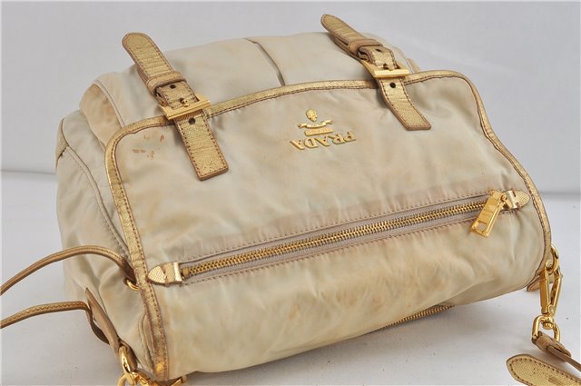 Authentic PRADA Nylon Leather Shoulder Cross Body Bag Purse Ivory Gold 9728C