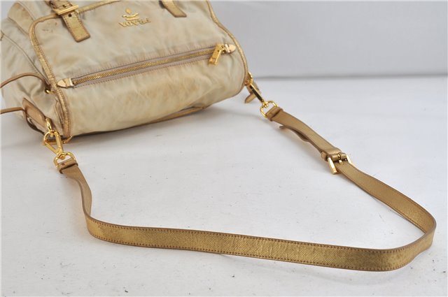 Authentic PRADA Nylon Leather Shoulder Cross Body Bag Purse Ivory Gold 9728C