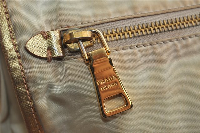Authentic PRADA Nylon Leather Shoulder Cross Body Bag Purse Ivory Gold 9728C