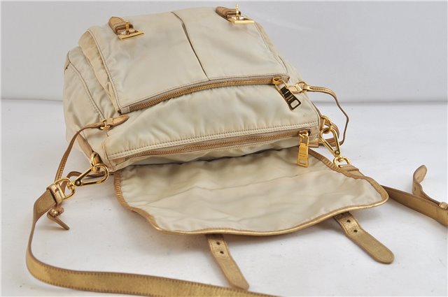 Authentic PRADA Nylon Leather Shoulder Cross Body Bag Purse Ivory Gold 9728C