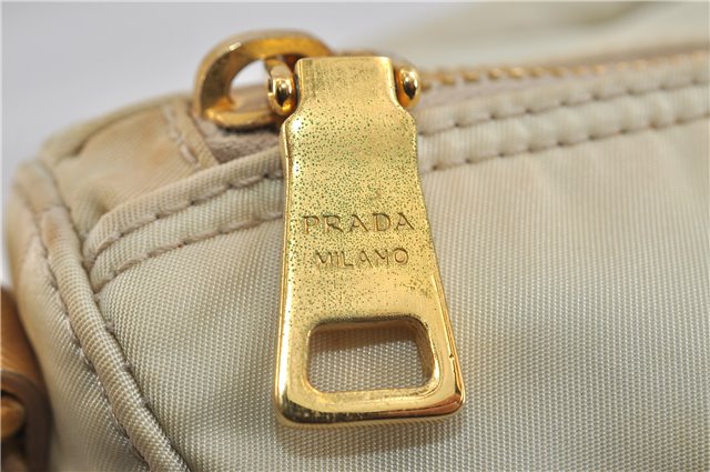 Authentic PRADA Nylon Leather Shoulder Cross Body Bag Purse Ivory Gold 9728C
