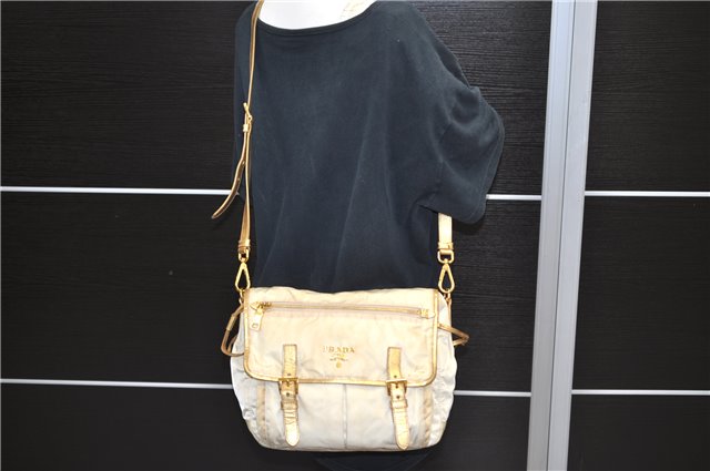 Authentic PRADA Nylon Leather Shoulder Cross Body Bag Purse Ivory Gold 9728C