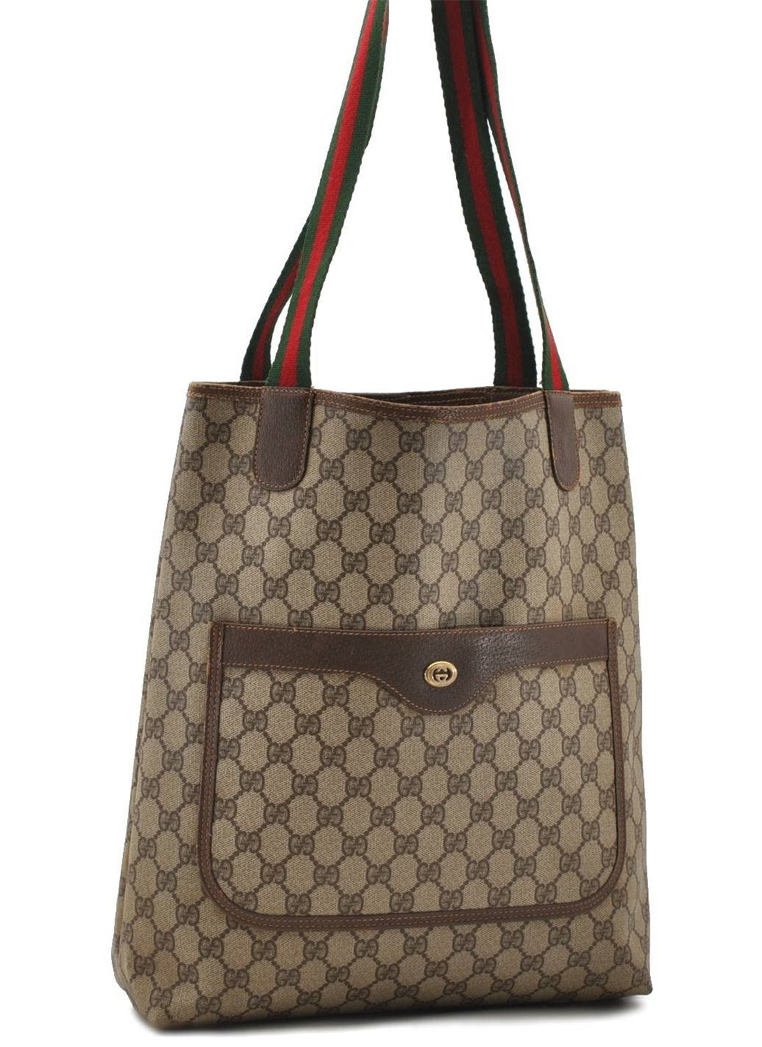 Authentic GUCCI Web Sherry Line Shoulder Tote Bag PVC Leather Brown 9750C