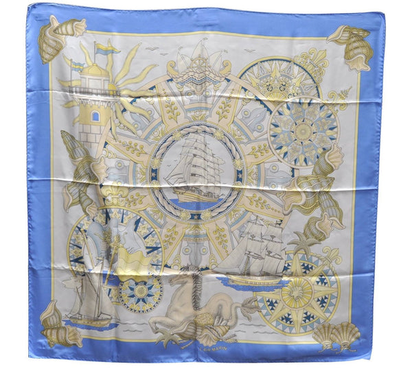 Authentic HERMES Carre 90 Scarf "L'AIR MARIN" Silk Blue 9759C