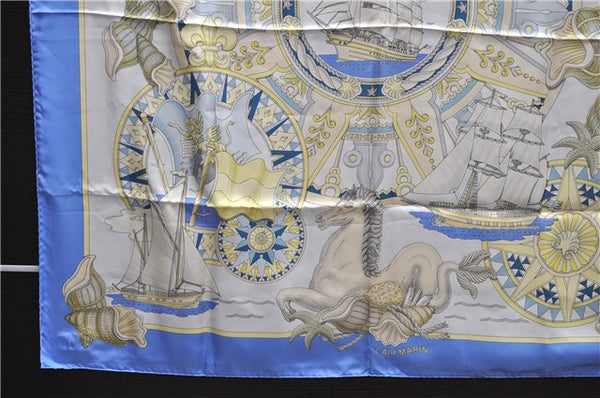 Authentic HERMES Carre 90 Scarf "L'AIR MARIN" Silk Blue 9759C