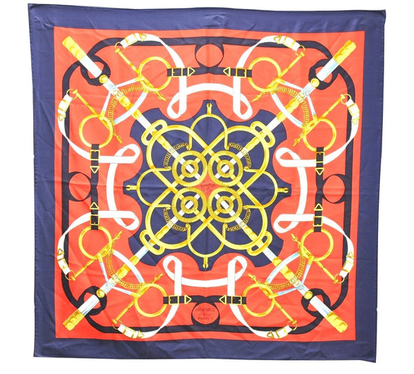Authentic HERMES Carre 90 Scarf "Eperon d'or" Silk Navy 9762C