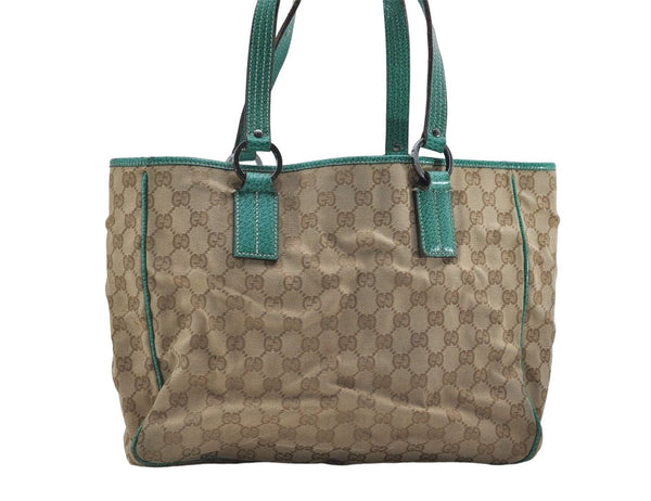 Authentic GUCCI Shoulder Tote Bag GG Canvas Leather 113017 Beige Green 9762D