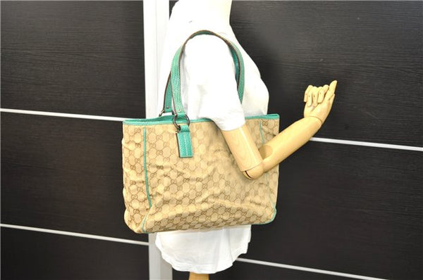 Authentic GUCCI Shoulder Tote Bag GG Canvas Leather 113017 Beige Green 9762D
