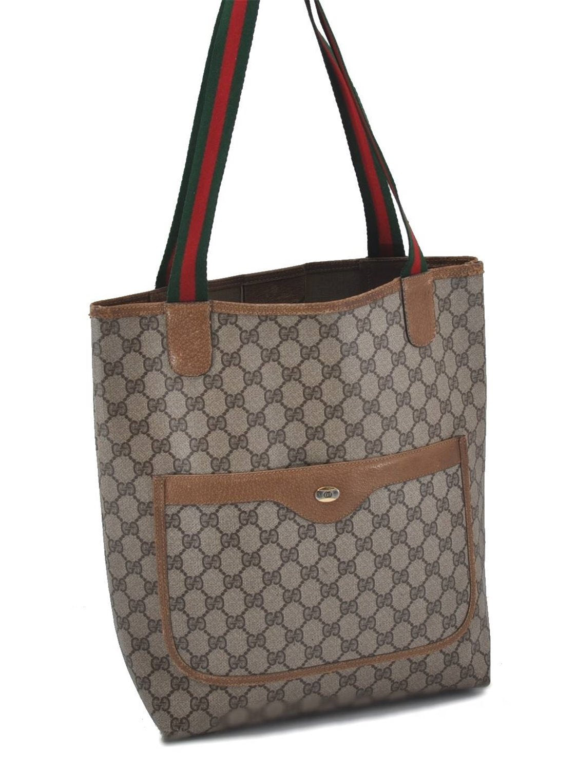 Authentic GUCCI Web Sherry Line Shoulder Tote Bag PVC Leather Brown 9786C