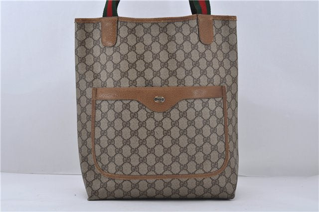 Authentic GUCCI Web Sherry Line Shoulder Tote Bag PVC Leather Brown 9786C