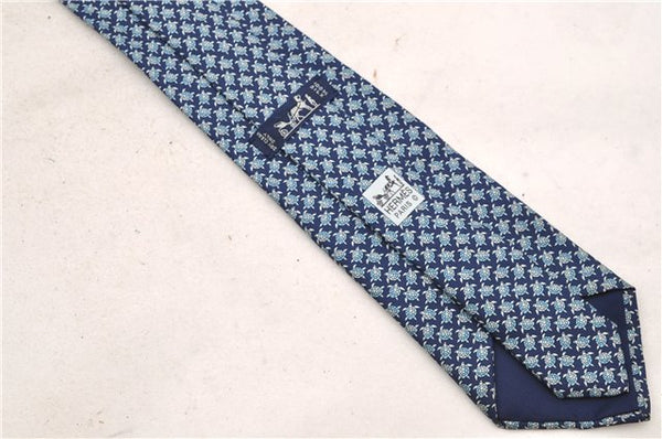 Authentic HERMES Necktie Turtles Pattern Silk 5445FA Blue Box 9791C