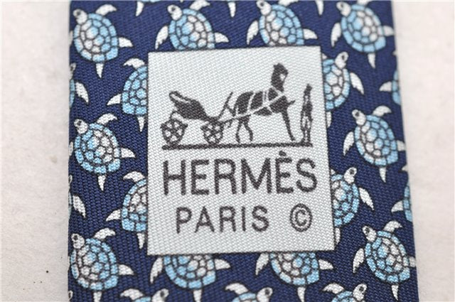 Authentic HERMES Necktie Turtles Pattern Silk 5445FA Blue Box 9791C