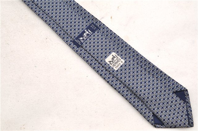 Authentic HERMES Necktie Interlocking Circles Pattern Silk 7064TA Blue Box 9793C