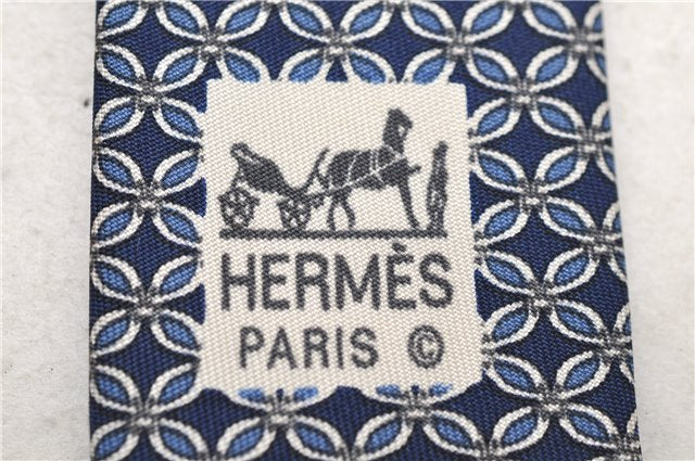 Authentic HERMES Necktie Interlocking Circles Pattern Silk 7064TA Blue Box 9793C