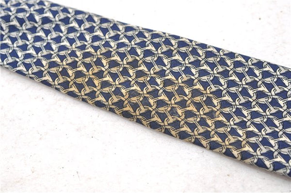 Authentic HERMES Necktie Chaine dAncre Pattern Silk 685OA Navy Blue Box 9794C