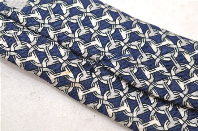 Authentic HERMES Necktie Chaine dAncre Pattern Silk 685OA Navy Blue Box 9794C