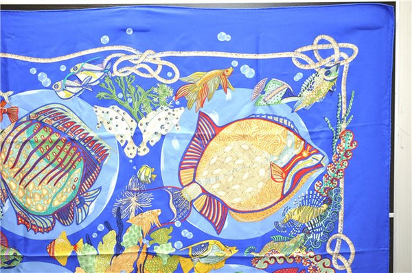 Authentic HERMES Carre 90 Scarf "Grand Fonds" Silk Blue 9795C