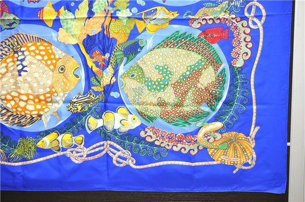 Authentic HERMES Carre 90 Scarf "Grand Fonds" Silk Blue 9795C