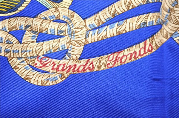 Authentic HERMES Carre 90 Scarf "Grand Fonds" Silk Blue 9795C