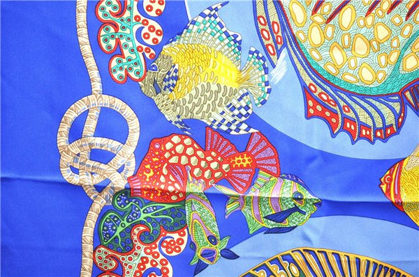 Authentic HERMES Carre 90 Scarf "Grand Fonds" Silk Blue 9795C