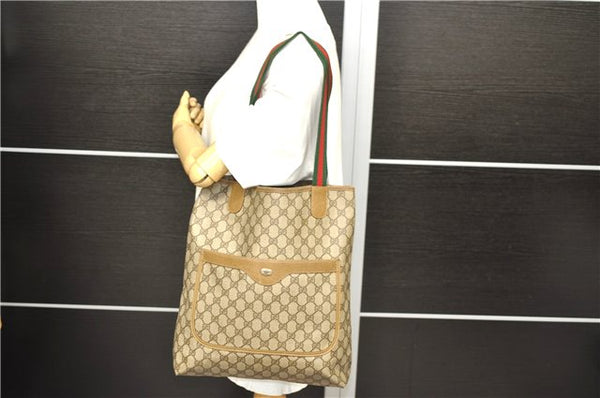 Authentic GUCCI Web Sherry Line Shoulder Tote Bag PVC Leather Brown 9800C