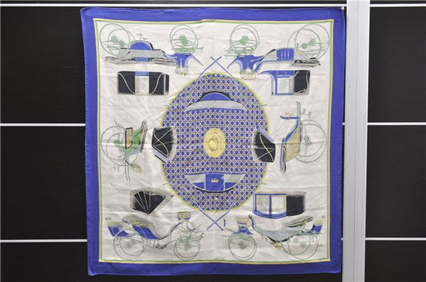 Authentic HERMES Carre 90 Scarf "Les Voitures ? Transformation" Silk Blue 9803C