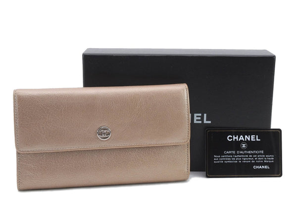 Authentic CHANEL Leather Long Wallet Purse CoCo Mark Beige Gold Box 9823C