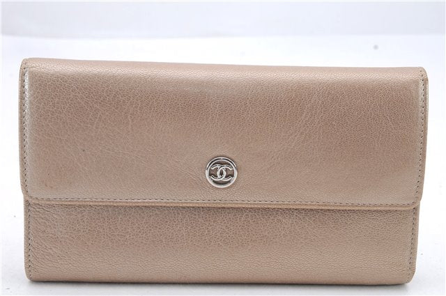 Authentic CHANEL Leather Long Wallet Purse CoCo Mark Beige Gold Box 9823C