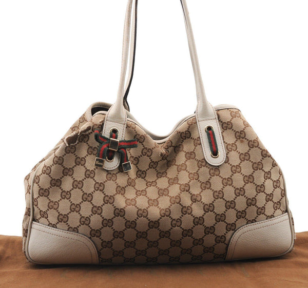 Auth GUCCI Web Sherry Line Princy Ribbon Tote Bag GG Canvas 163805 Brown 9836B